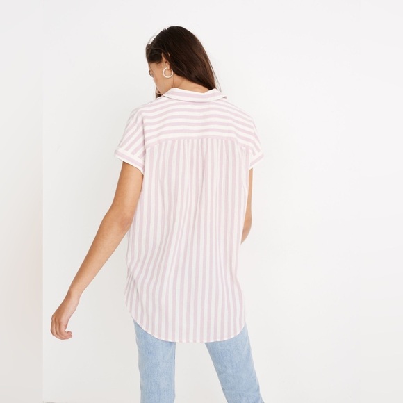 Madewell Central Tunic Shirt in Lavender Stripe Short Sleeve Button Up - Picture 2 of 10